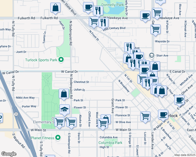 map of restaurants, bars, coffee shops, grocery stores, and more near 796 West Canal Drive in Turlock