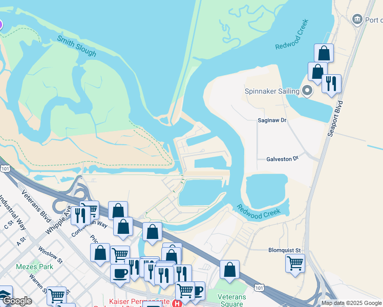 map of restaurants, bars, coffee shops, grocery stores, and more near 1 Blu Harbor Boulevard in Redwood City