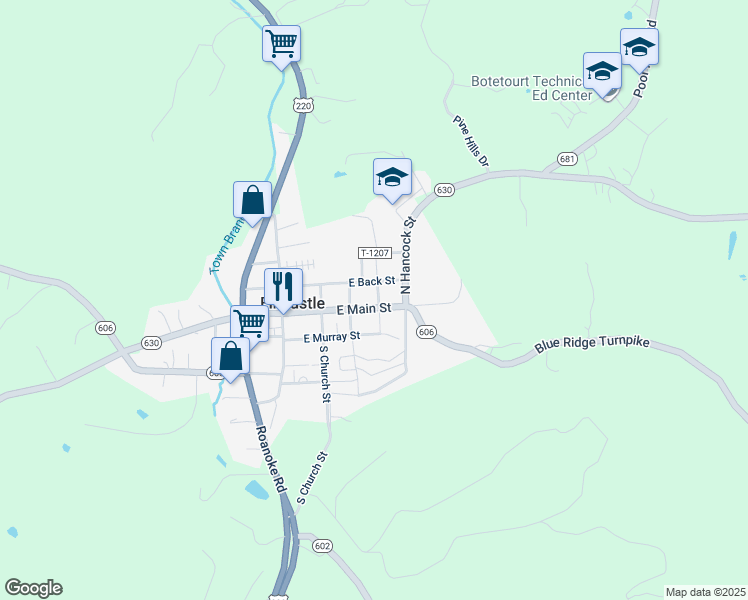 map of restaurants, bars, coffee shops, grocery stores, and more near 224 East Main Street in Fincastle