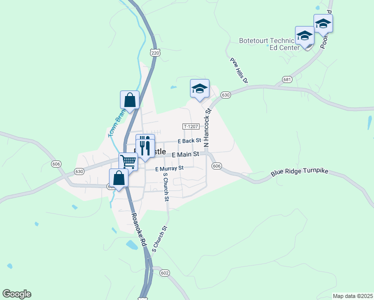 map of restaurants, bars, coffee shops, grocery stores, and more near 21 North Monroe Street in Fincastle