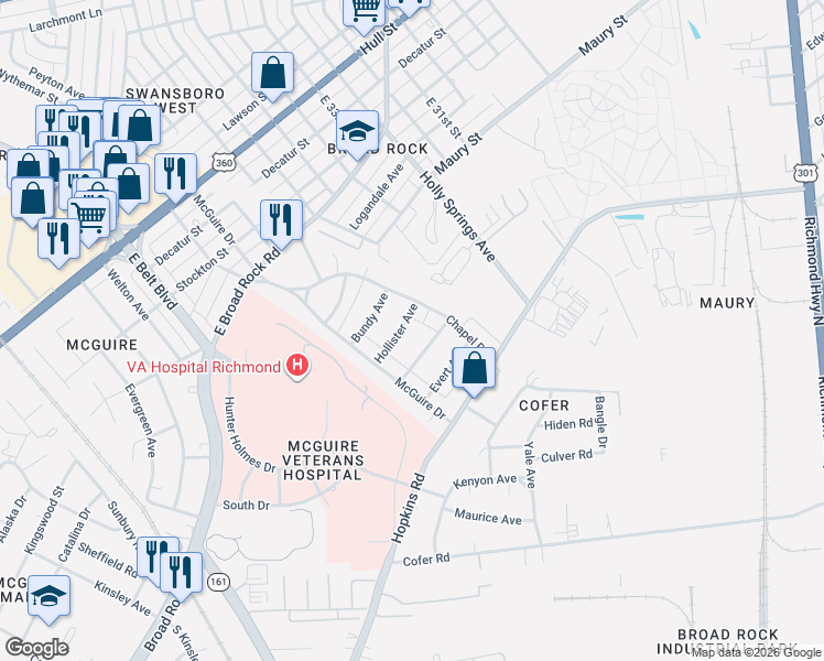 map of restaurants, bars, coffee shops, grocery stores, and more near 1100 Hollister Avenue in Richmond