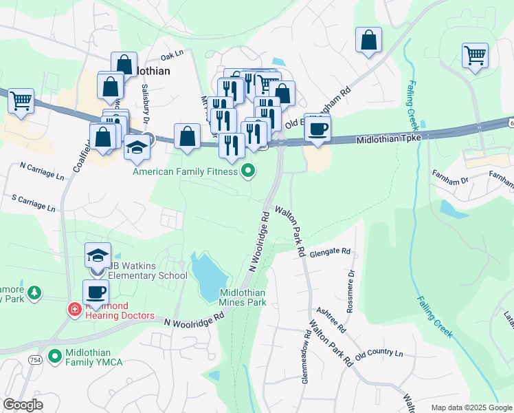 map of restaurants, bars, coffee shops, grocery stores, and more near 13129 Brattice Loop in Midlothian