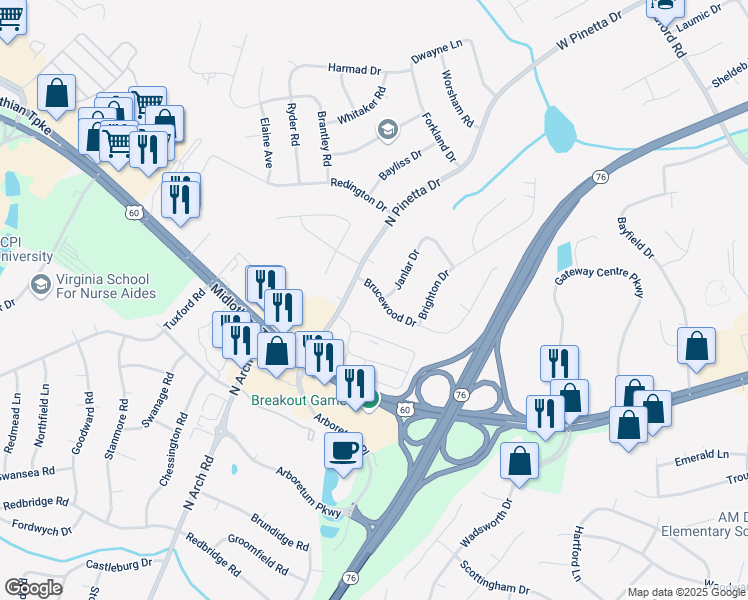 map of restaurants, bars, coffee shops, grocery stores, and more near 9101 Brucewood Drive in Richmond