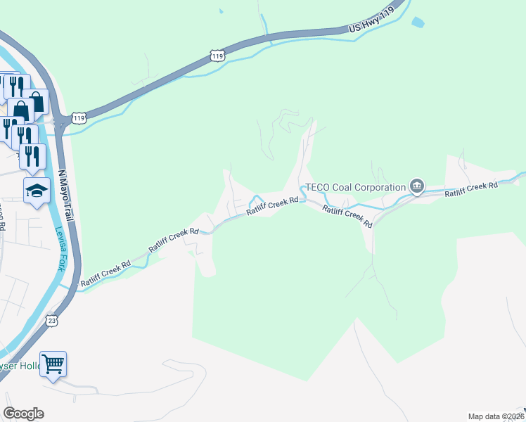 map of restaurants, bars, coffee shops, grocery stores, and more near 780-834 Ratliff Creek Road in Pikeville