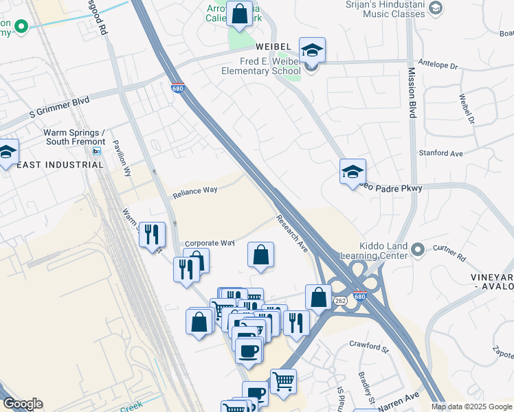 map of restaurants, bars, coffee shops, grocery stores, and more near 889 Corporate Way in Fremont