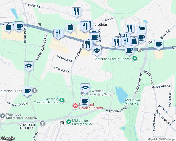map of restaurants, bars, coffee shops, grocery stores, and more near 13636 Village Ridge Drive in Midlothian