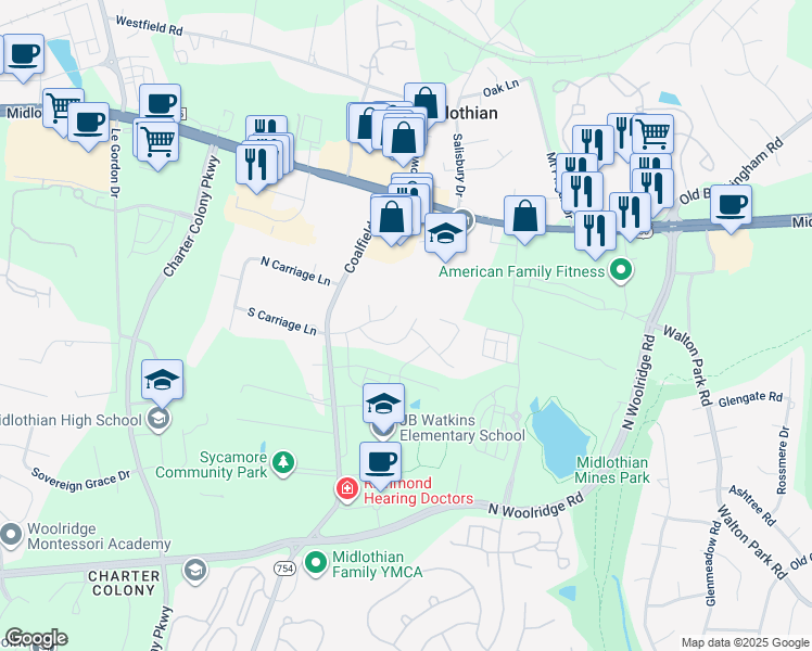 map of restaurants, bars, coffee shops, grocery stores, and more near 13636 Village Ridge Drive in Midlothian