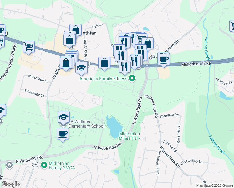 map of restaurants, bars, coffee shops, grocery stores, and more near 120 Walton Park Road in Midlothian