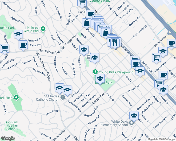 map of restaurants, bars, coffee shops, grocery stores, and more near 807 Cedar Street in San Carlos
