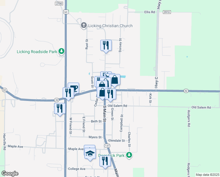 map of restaurants, bars, coffee shops, grocery stores, and more near 109 Highway 32 in Licking