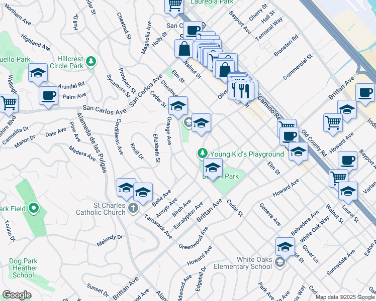 map of restaurants, bars, coffee shops, grocery stores, and more near 807 Cedar Street in San Carlos