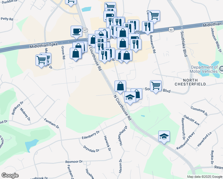 map of restaurants, bars, coffee shops, grocery stores, and more near 302 Southlake Boulevard in Chesterfield County
