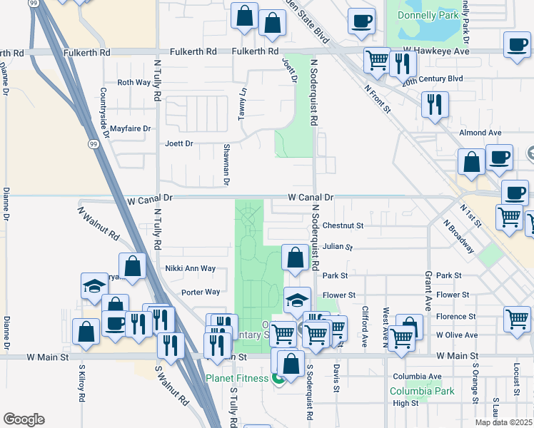 map of restaurants, bars, coffee shops, grocery stores, and more near 745 Lambert Way in Turlock