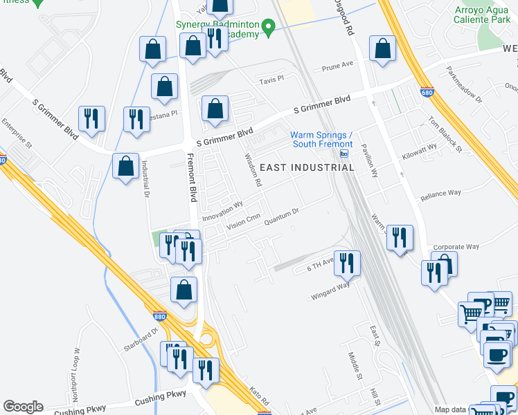 map of restaurants, bars, coffee shops, grocery stores, and more near 45300 Fremont Boulevard in Fremont