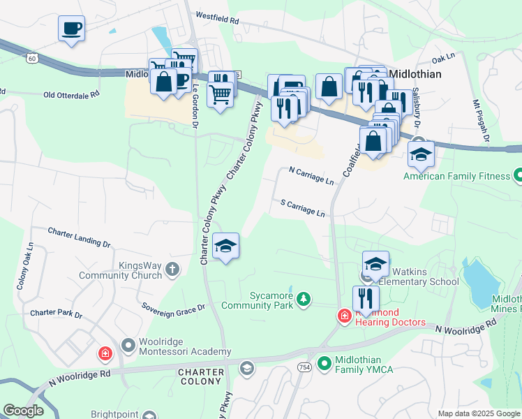 map of restaurants, bars, coffee shops, grocery stores, and more near 310 Bluegrass Road in Midlothian