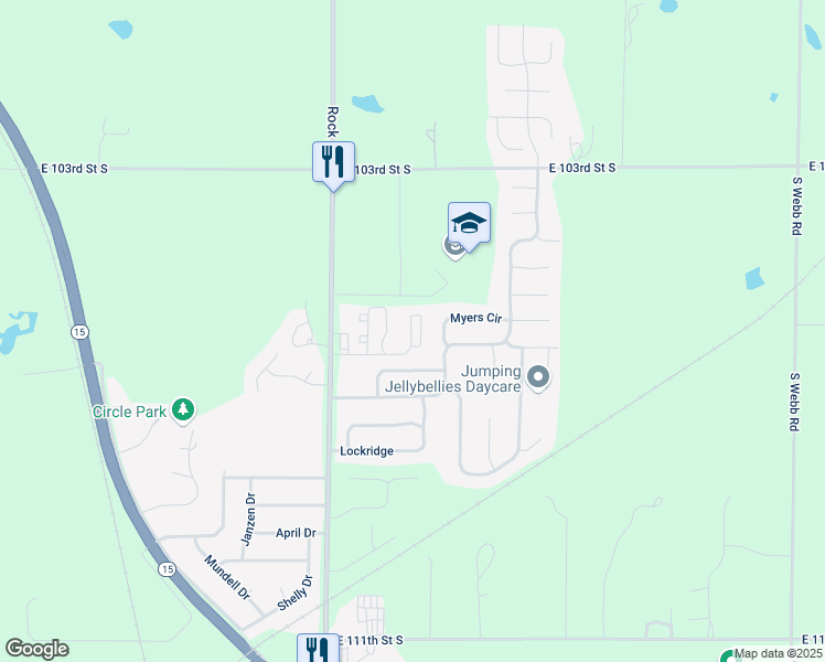map of restaurants, bars, coffee shops, grocery stores, and more near 1738 Myers Circle in Mulvane