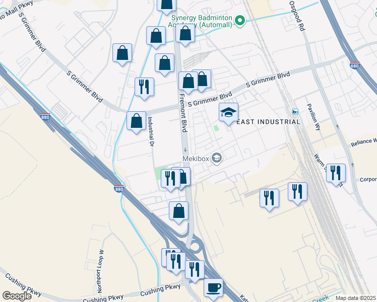 map of restaurants, bars, coffee shops, grocery stores, and more near 45058 Fremont Boulevard in Fremont