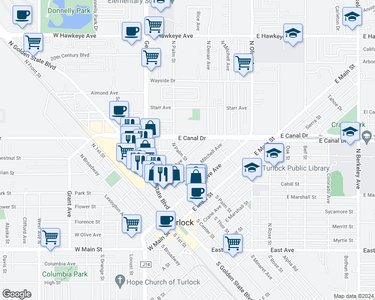 map of restaurants, bars, coffee shops, grocery stores, and more near 521 Wolfe Avenue in Turlock