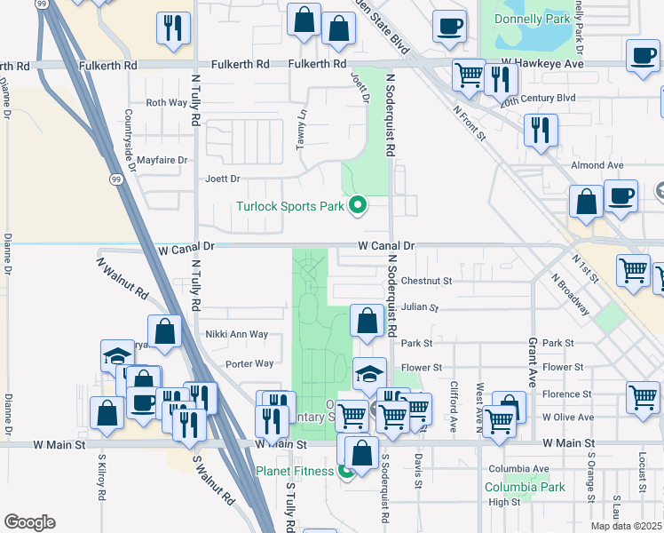 map of restaurants, bars, coffee shops, grocery stores, and more near 745 Lambert Way in Turlock