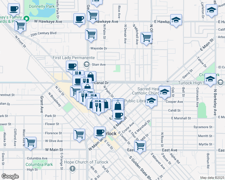 map of restaurants, bars, coffee shops, grocery stores, and more near 521 Wolfe Avenue in Turlock