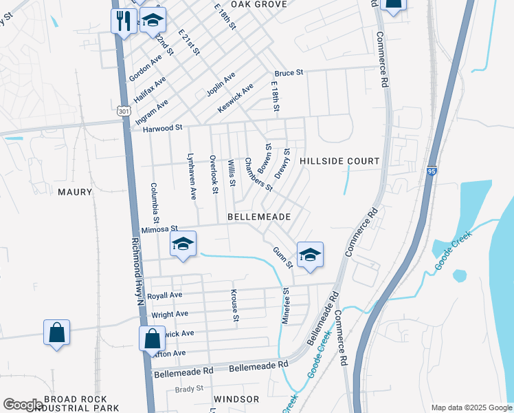 map of restaurants, bars, coffee shops, grocery stores, and more near 1513 Drewry Street in Richmond