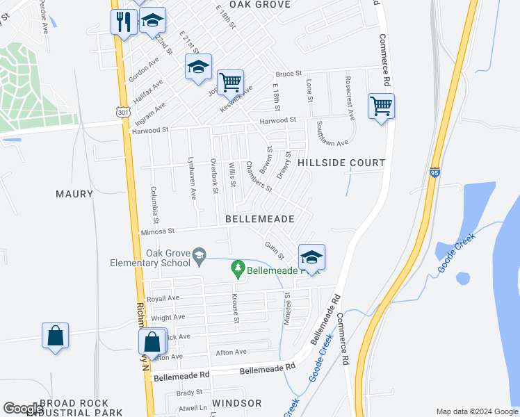 map of restaurants, bars, coffee shops, grocery stores, and more near 1513 Drewry Street in Richmond