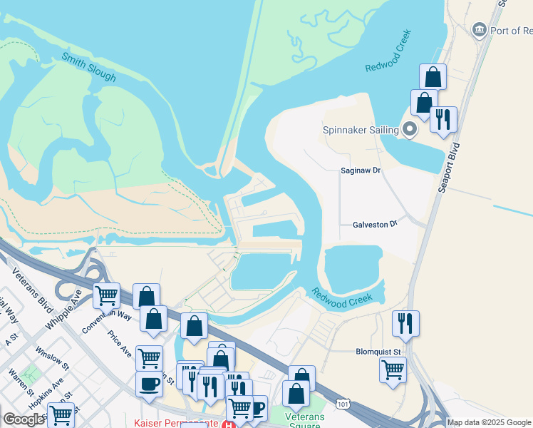 map of restaurants, bars, coffee shops, grocery stores, and more near Blu Harbor Boulevard in Redwood City