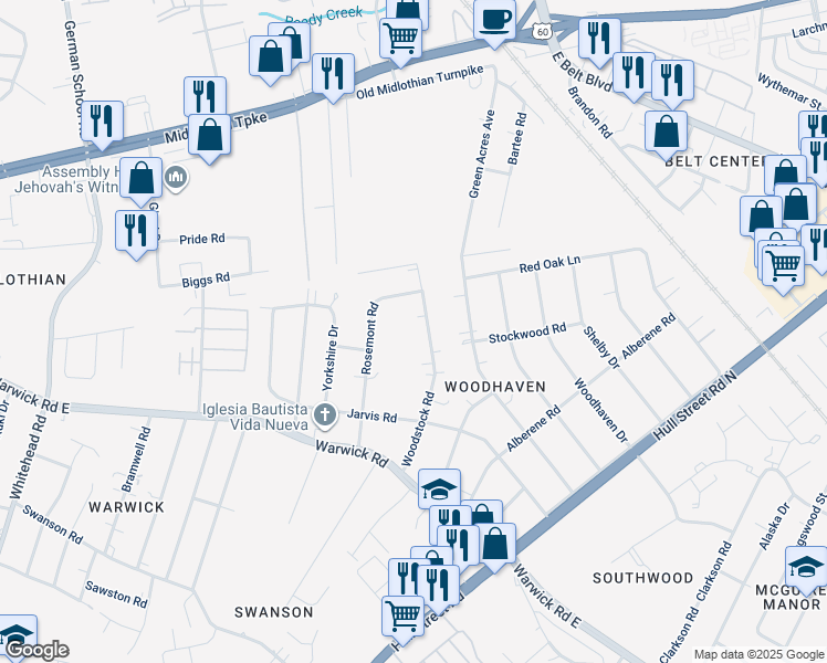 map of restaurants, bars, coffee shops, grocery stores, and more near 624 Woodstock Road in Richmond