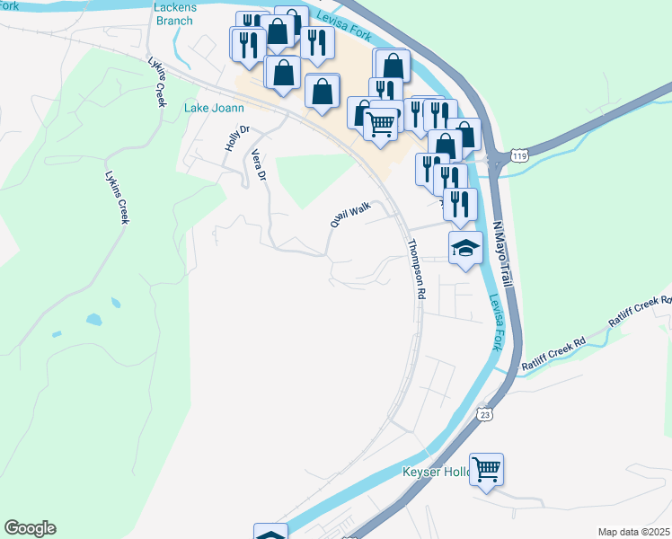 map of restaurants, bars, coffee shops, grocery stores, and more near 201-219 Quail Walk in Pikeville