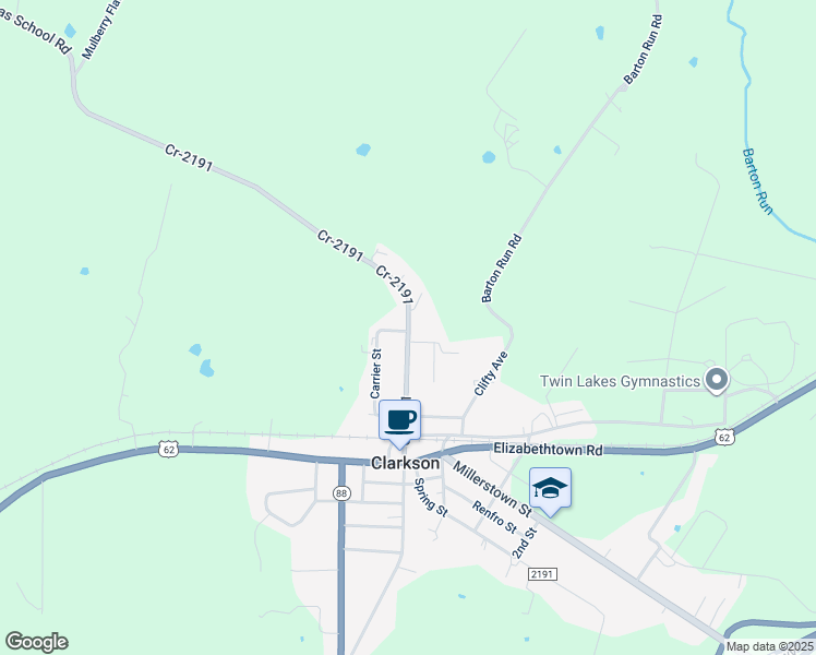 map of restaurants, bars, coffee shops, grocery stores, and more near 328 North Patterson Street in Clarkson
