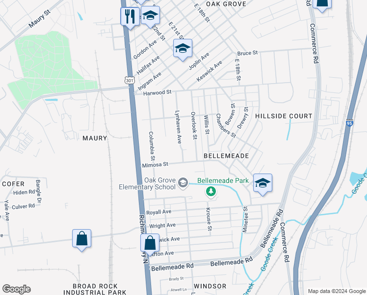 map of restaurants, bars, coffee shops, grocery stores, and more near 2309 Mimosa Street in Richmond