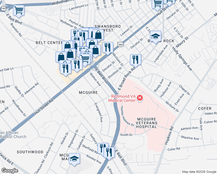 map of restaurants, bars, coffee shops, grocery stores, and more near 904 East Belt Boulevard in Richmond