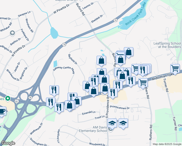 map of restaurants, bars, coffee shops, grocery stores, and more near 300 Twinridge Lane in Richmond