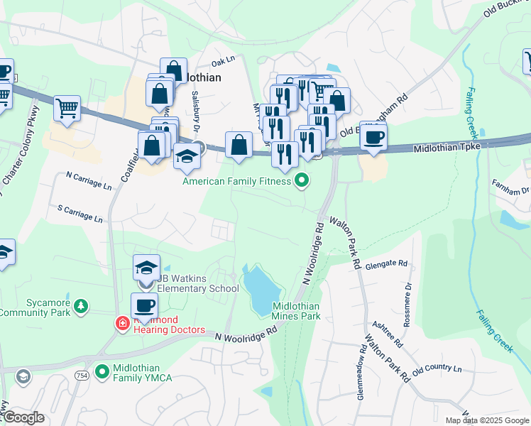 map of restaurants, bars, coffee shops, grocery stores, and more near 120 Walton Park Road in Midlothian