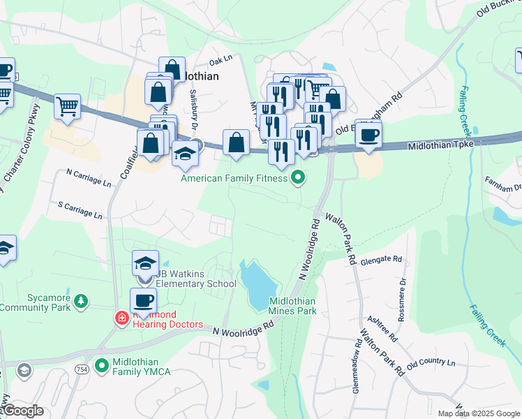map of restaurants, bars, coffee shops, grocery stores, and more near 120 Walton Park Road in Midlothian