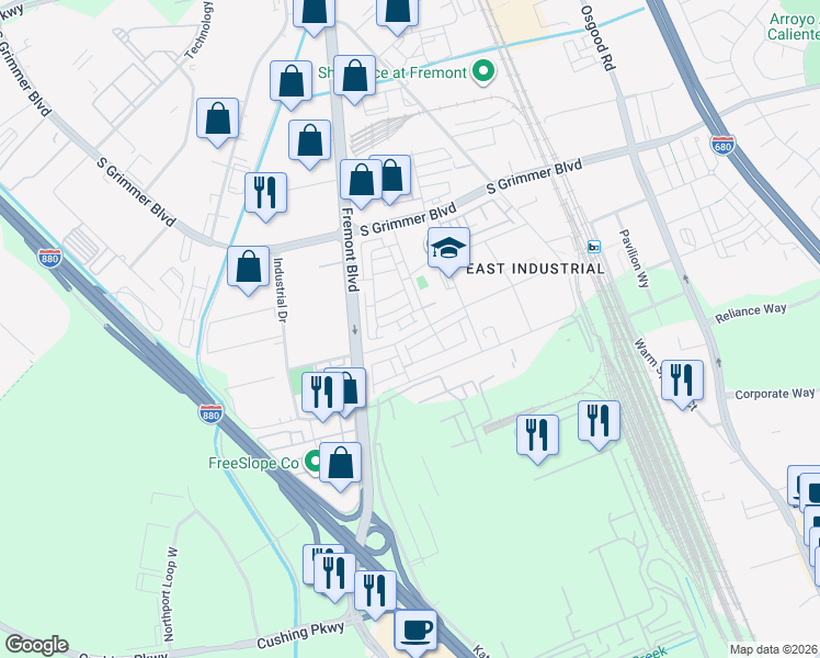 map of restaurants, bars, coffee shops, grocery stores, and more near 45138 Challenge Common in Fremont