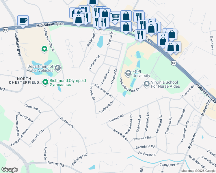 map of restaurants, bars, coffee shops, grocery stores, and more near 510 Montour Drive in Richmond