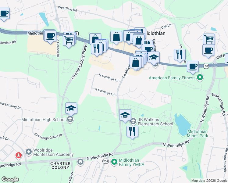 map of restaurants, bars, coffee shops, grocery stores, and more near 14020 South Carriage Lane in Midlothian