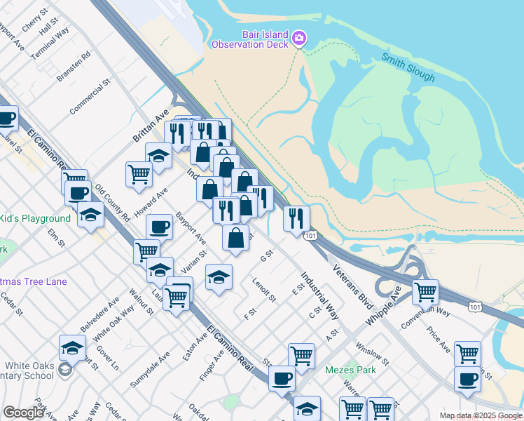 map of restaurants, bars, coffee shops, grocery stores, and more near 1661 Industrial Road in San Carlos