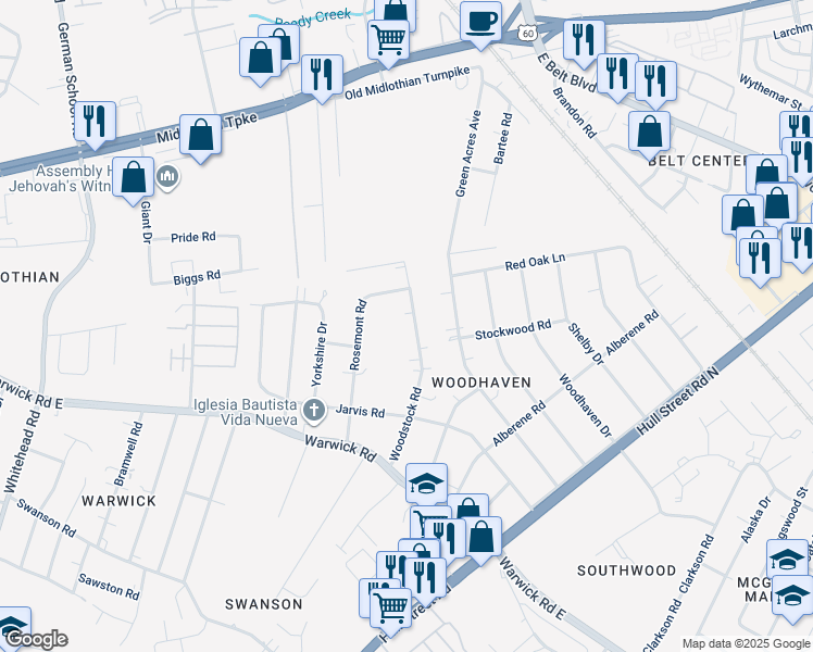 map of restaurants, bars, coffee shops, grocery stores, and more near 624 Woodstock Road in Richmond