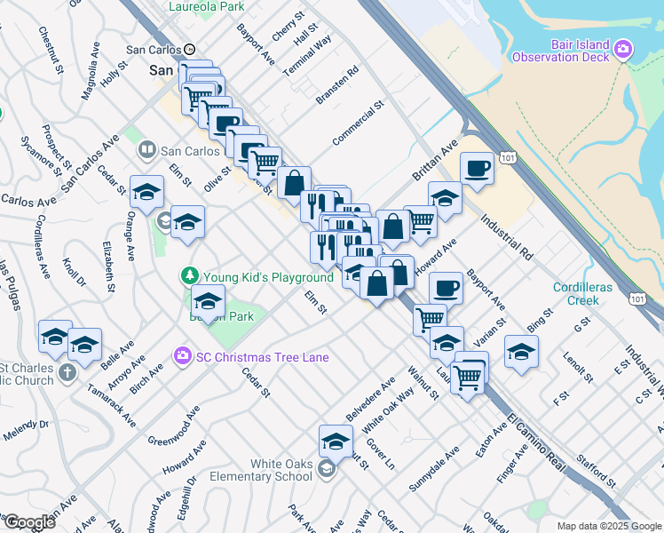 map of restaurants, bars, coffee shops, grocery stores, and more near 1109 Laurel Street in San Carlos