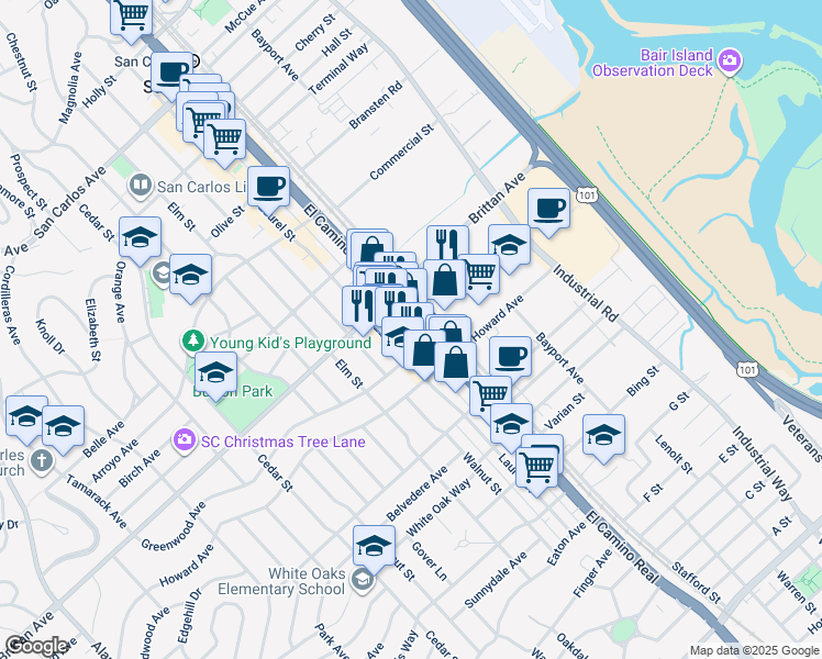 map of restaurants, bars, coffee shops, grocery stores, and more near 1148 El Camino Real in San Carlos