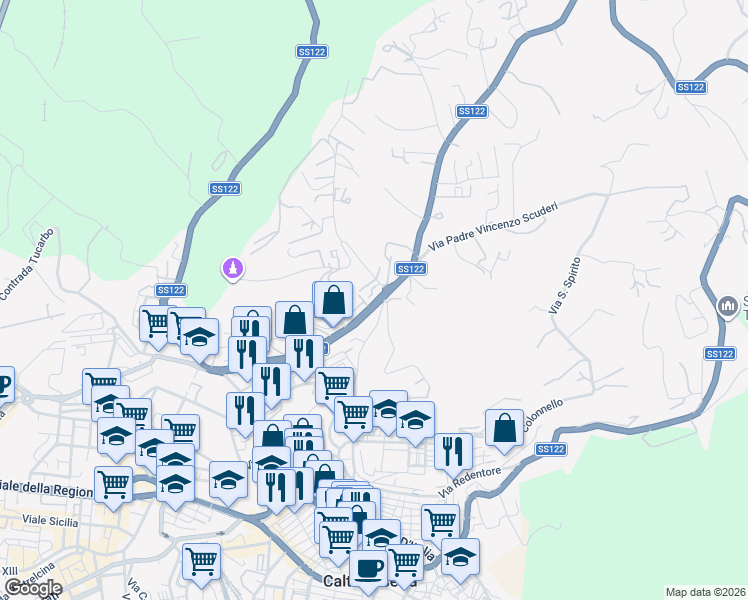 map of restaurants, bars, coffee shops, grocery stores, and more near 296 Via F. Paladini in Caltanissetta