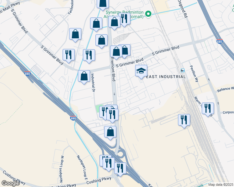 map of restaurants, bars, coffee shops, grocery stores, and more near 45058 Fremont Boulevard in Fremont