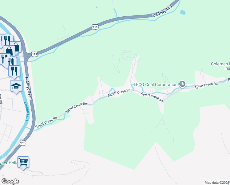 map of restaurants, bars, coffee shops, grocery stores, and more near 780 Ratliff Creek Road in Pikeville