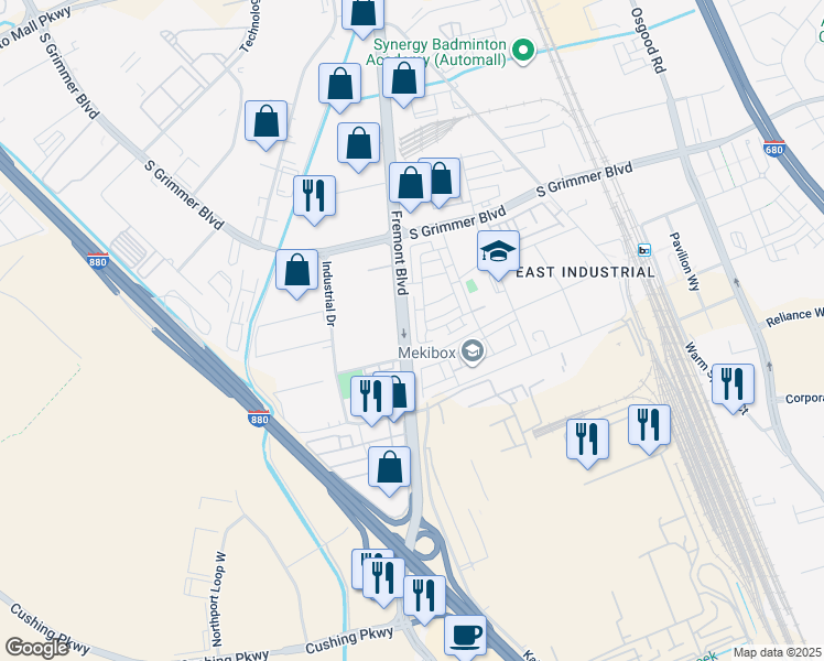map of restaurants, bars, coffee shops, grocery stores, and more near 45058 Fremont Boulevard in Fremont