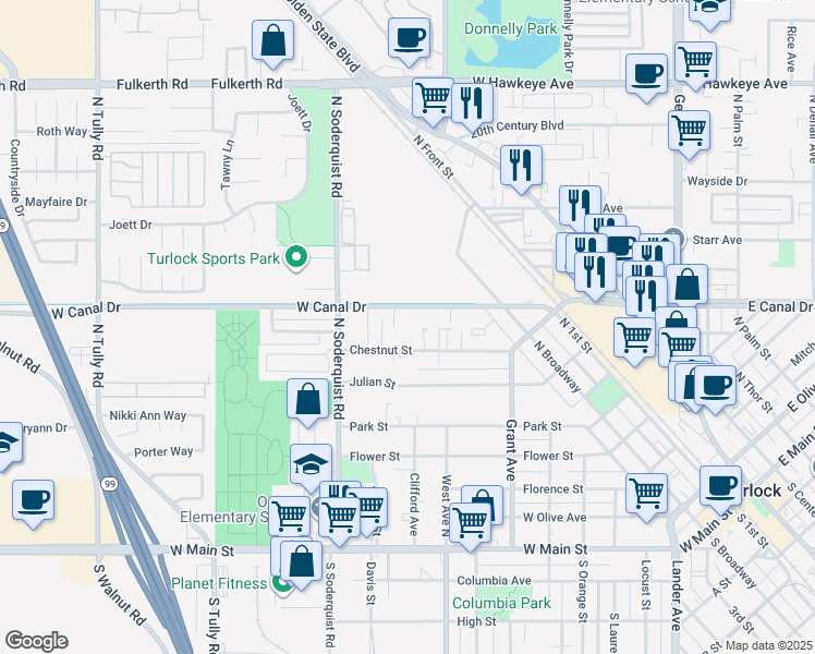 map of restaurants, bars, coffee shops, grocery stores, and more near 954 West Canal Drive in Turlock