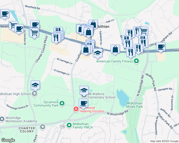 map of restaurants, bars, coffee shops, grocery stores, and more near 13624 Village Ridge Drive in Midlothian