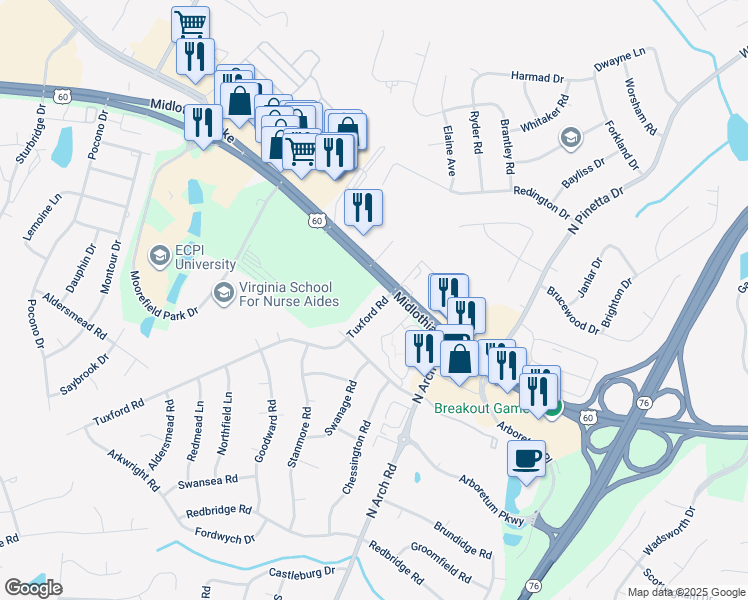 map of restaurants, bars, coffee shops, grocery stores, and more near 9410 Tuxford Road in Richmond