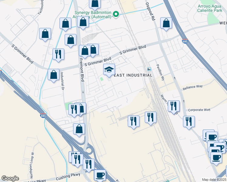 map of restaurants, bars, coffee shops, grocery stores, and more near 45300 Fremont Boulevard in Fremont